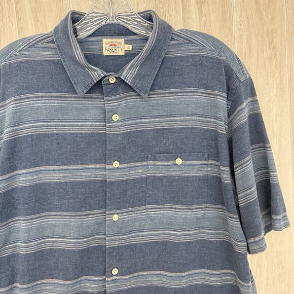 Faherty Shirt Men Large Breeze Striped Blue Tropical Hemp Tencel Beach Resort - Picture 3 of 13